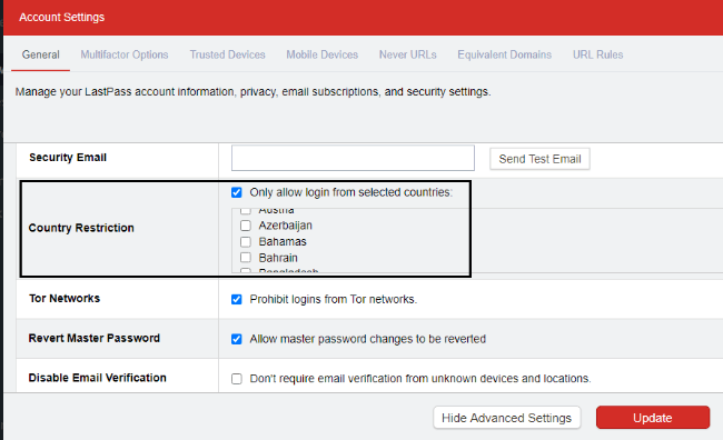Disable Logins from Specific Locations in Lastpass