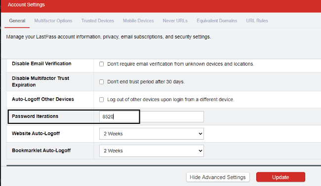 Increase Password Iterations in Lastpass