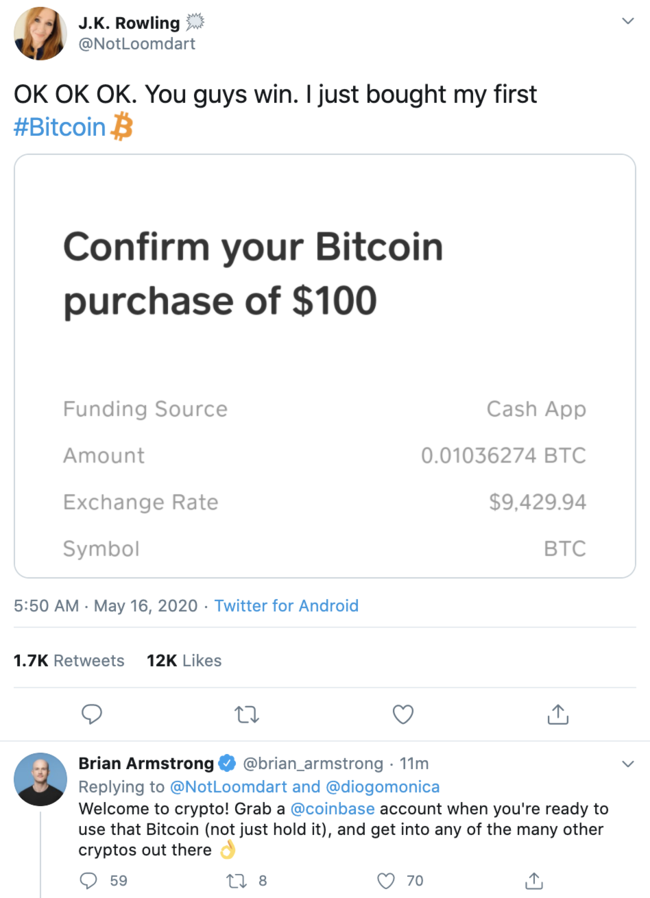 Brian Armstrong shills shitcoins to a fake twitter account of JK Rowling