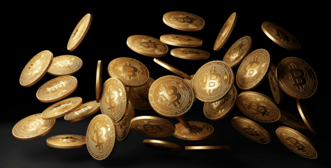Golden bitcoins drop in black background