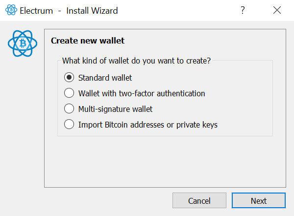 Selecting the Standard Wallet option in Electrum Wallet