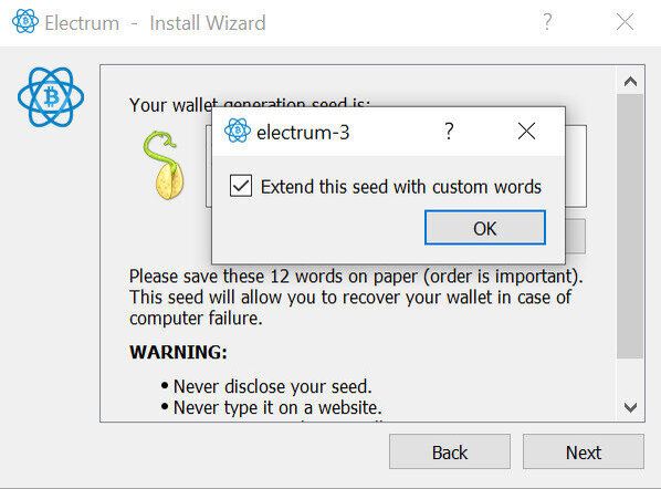 Extend this seed with custom words in Electrum Wallet Setup