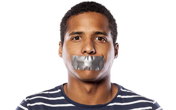 Man with ducktaped mouth