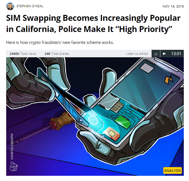 news item with a headline that writes SIM Swapping becomes increasingly popular in California